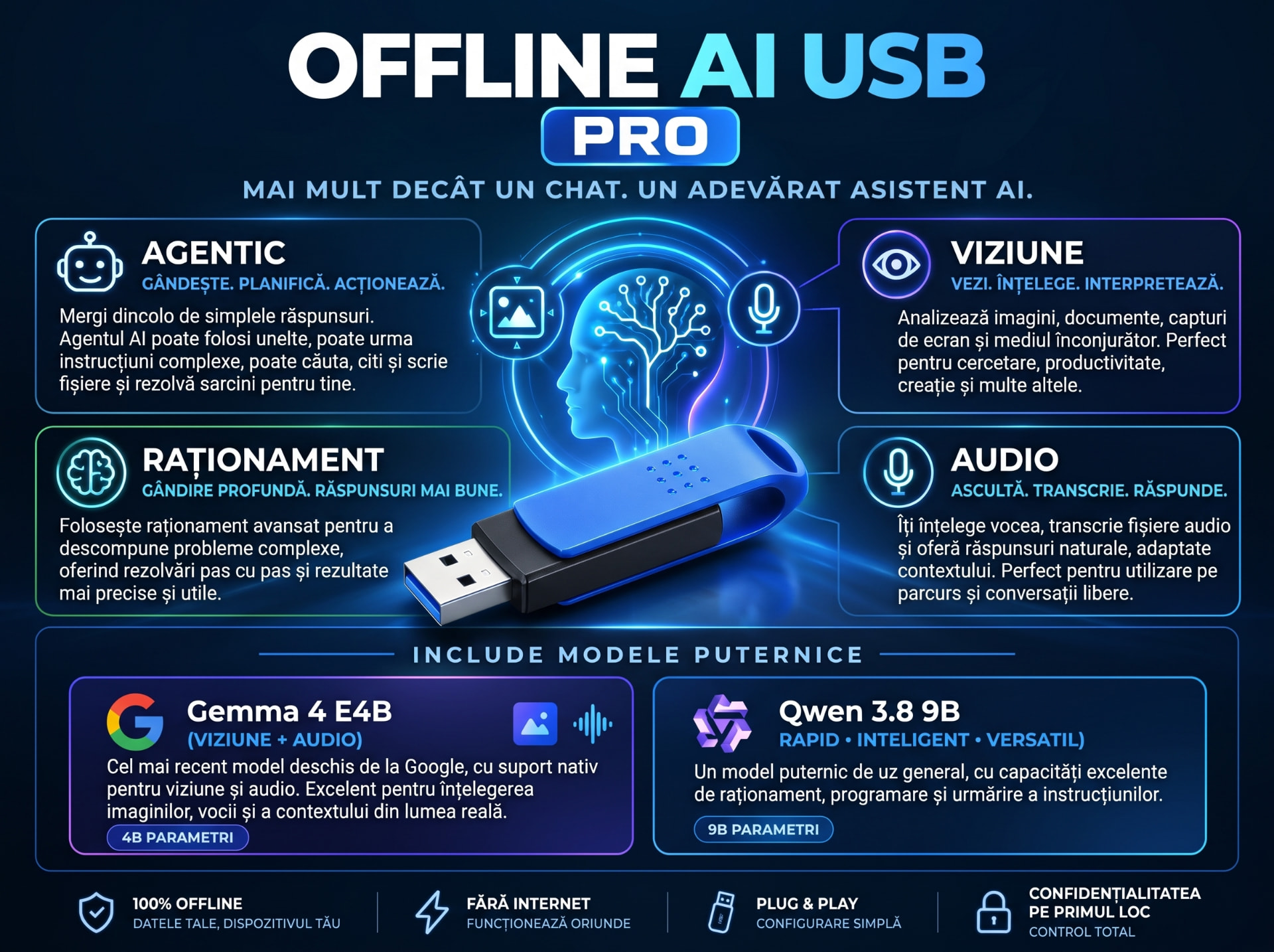 Funcțiile Offline AI USB PRO: agentic, viziune, raționament, audio